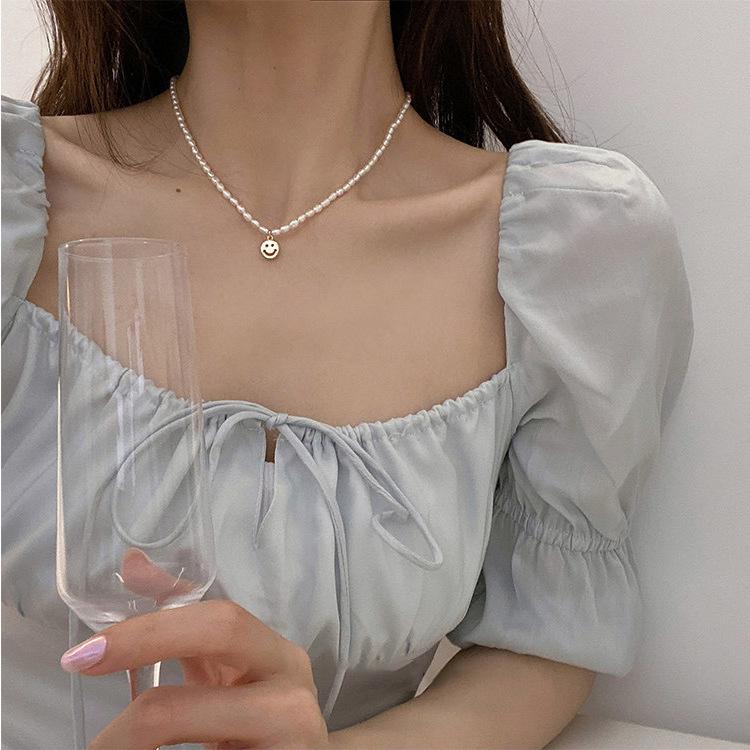 Women's Fairy Pearl Heart Pendant Necklace - Cool Choker Style with Smiley Face and Acacia Bean Clavicle Chain