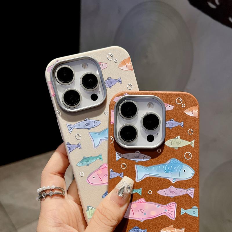 Cute Little Fish Phone Case For iPhone 16 Cases for iPhone 15 14 13 Pro Max 16e Magnetic For Magsafe Wireless Charge Leather Texture Silicone Cover