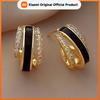 Huitan Gold Color Women Stud Earrings Black Enamel Elegant Party Accessories for Lady Wedding Luxury Jewelry Inlaid Shiny CZ