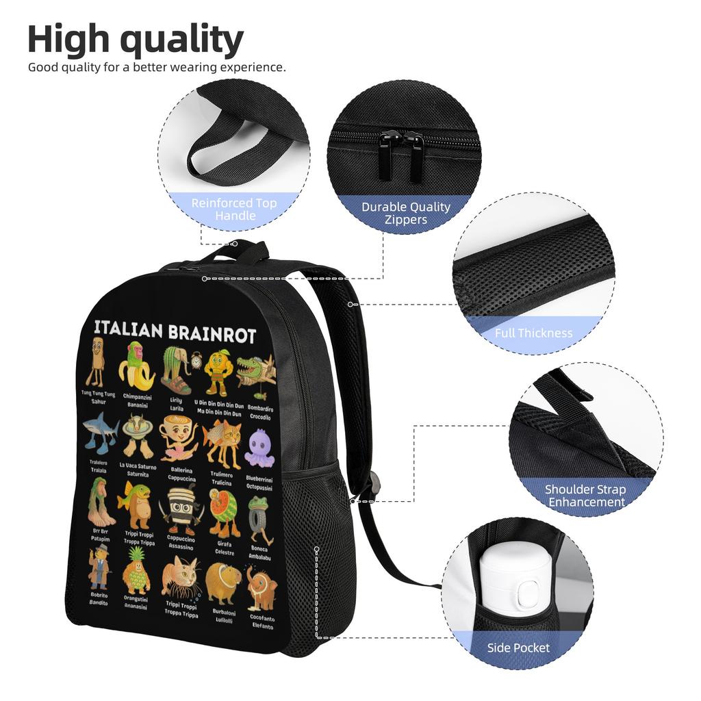 Arten von italienischem Brainrot Meme Klassischer Rucksack Outdoor High School Reise Handgezeichneter Tagesrucksack Herren Damen Laptop Umhängetasche