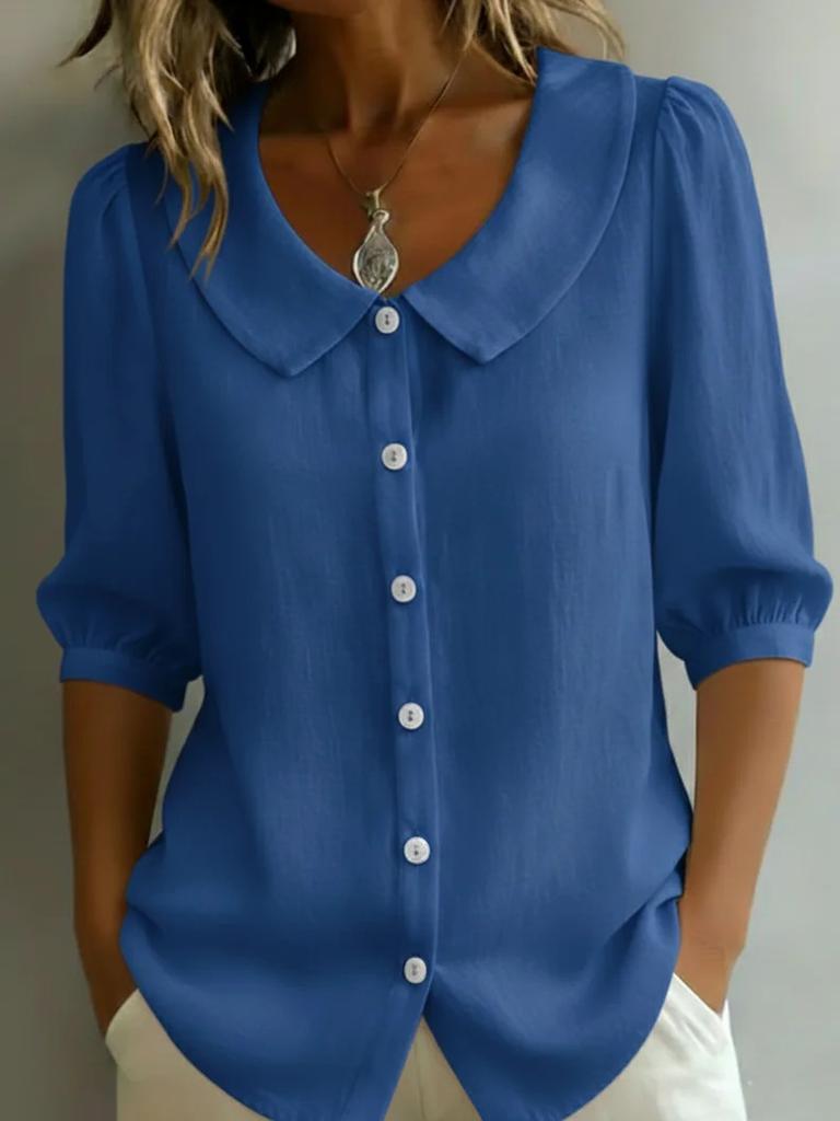 European and American design sense niche commuter linen new spinning shirt short sleeve loose v-neck women's summer