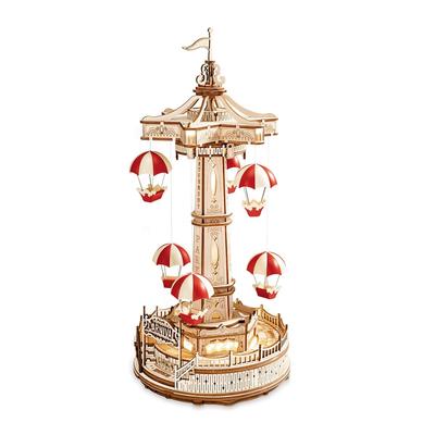 3D Wood Puzzle Amusement Park Series (Parachute Tower) Parasol Attraction Miniature Glowing Rotating Amusement Park with Japanese Instruction Manual