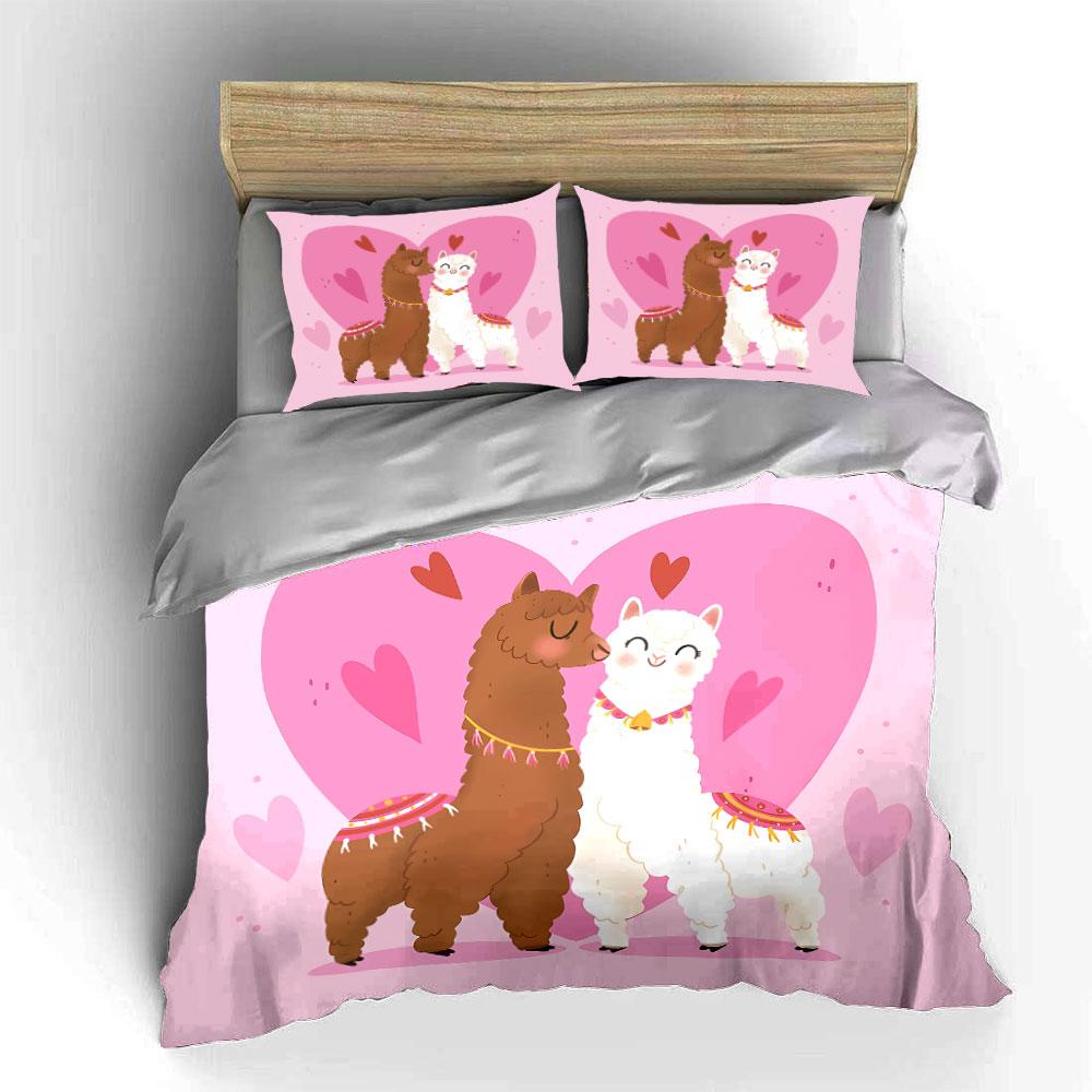 Cute Alpaca Couple Pink Hearts Bedding Duvet Cover Set Duvet Cover Pillowcases (1*Duvet Cover 2*Pillowcases, without duvet insert)