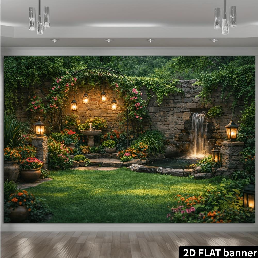 2D stone wall flowing courtyard background cloth stone wall vines warm light lantern fountain and small waterfall on the right