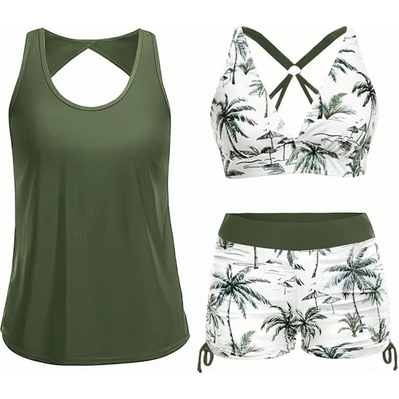 Hollow Back Three-piece Set, Side Adjustable Drawstring Boxers, Split Swimsuit for Women