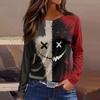 Women's Halloween Print Long Sleeve Round Neck Casual Top with Side Slit