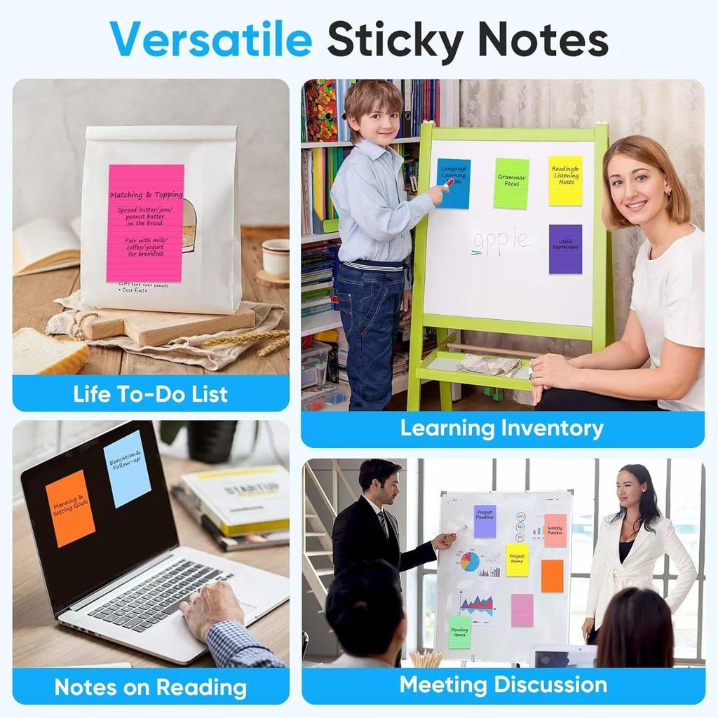 12 Pack Lined Sticky Notes in Bright Colors,Sticky Note Pads 4x6 inches,Sticky Notes with Lines, Self-Stick Note Pads, Large Rectangular Memo Pads