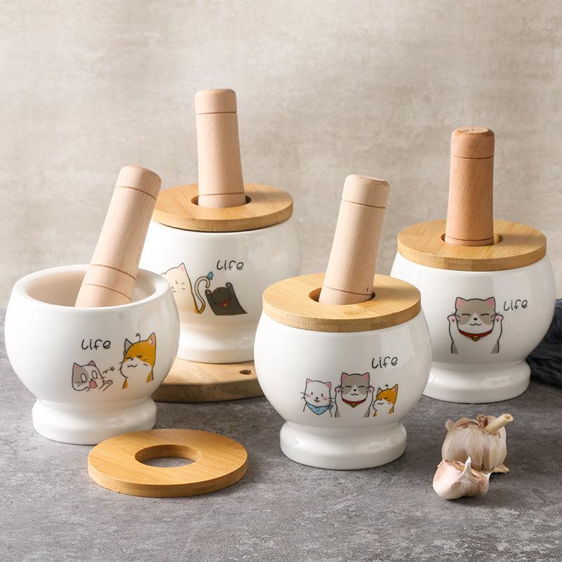 Cartoon Cat Ceramic Jar, Mashed Garlic Mortar Garlic Porcelain Jar Household Garlic Masher Pounding Medicine Jar Spice Grinder
