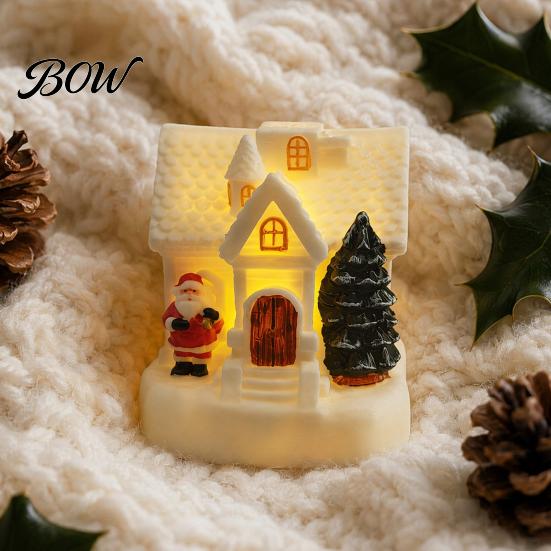 Snowy Cottage Figurine LED Lighted Christmas Village House Statue, Light Up Small Figurines with Santa Claus Relief Statue Xmas Tree Claus,
