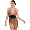 Womens Figure Skating Sling Bodysuit Sparkle Rhinestone Ruched Irregular Mesh Overlay Color Block Leotard