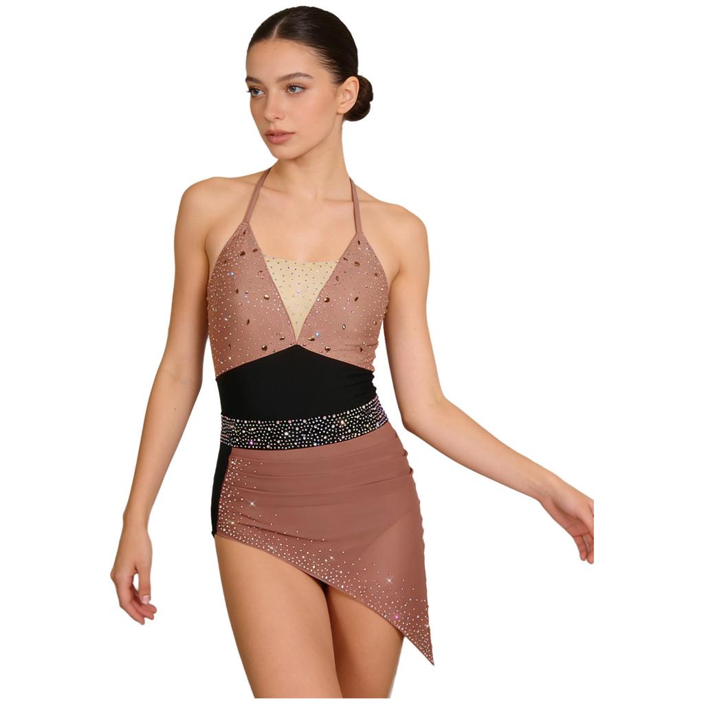 Womens Figure Skating Sling Bodysuit Sparkle Rhinestone Ruched Irregular Mesh Overlay Color Block Leotard
