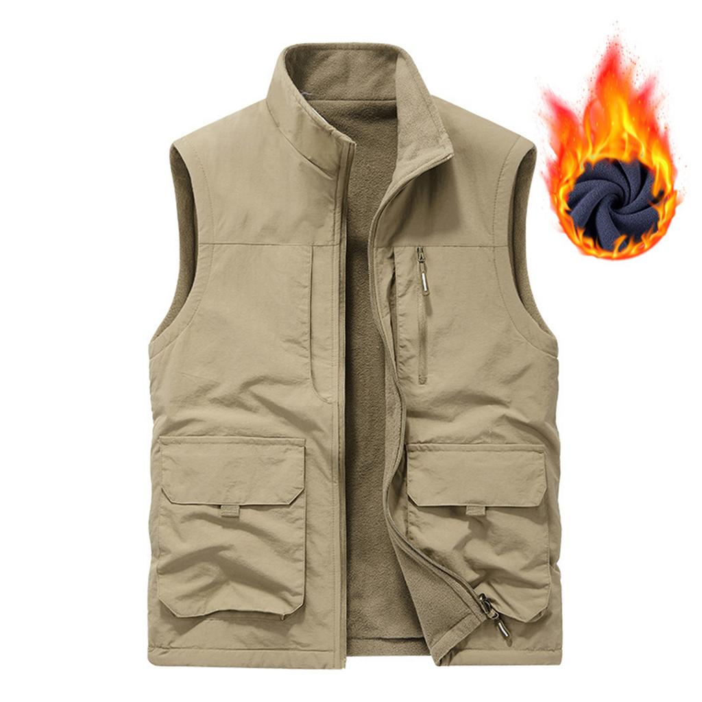 Mens Winter Fleece Cargo Vest Outdoor Multi Pocket Sleeveless Jacket Warm Thick Work Waistcoat