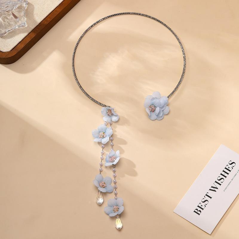 Light Blue Fabric Flower Tassel Choker Necklace Rhinestone Collar Necklace Floral Pendant Necklaces For Women Wedding Daily Part