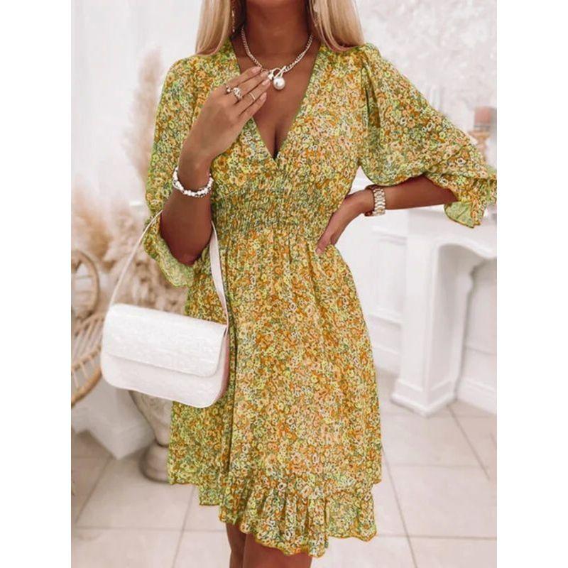 Loose Printed Short Sleeve Sleeved Floral Dress Loose Short Sleeve Floral Dress