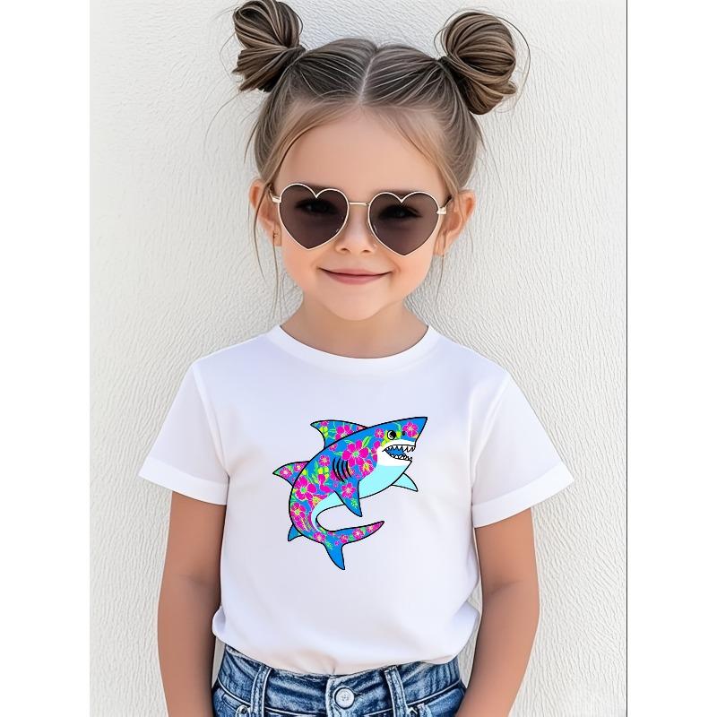 European sizes [Girls  T-Shirt]  Girls  Outdoor T-Shirts - Casual & Stylish Cartoon Shark Print Top 110 белый