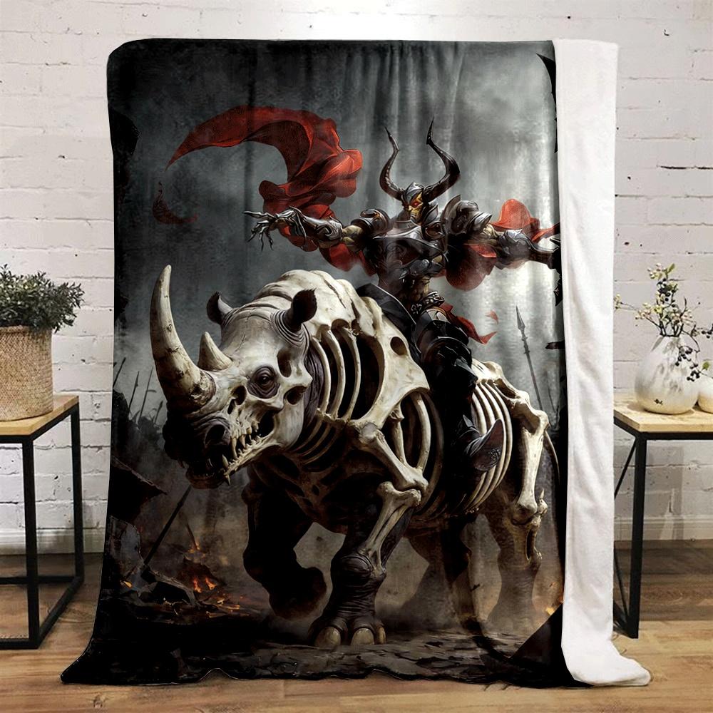A skeletal rhino ridden by an armored figure with horns and a red cape. for all seasons blanket lunch break throw gift