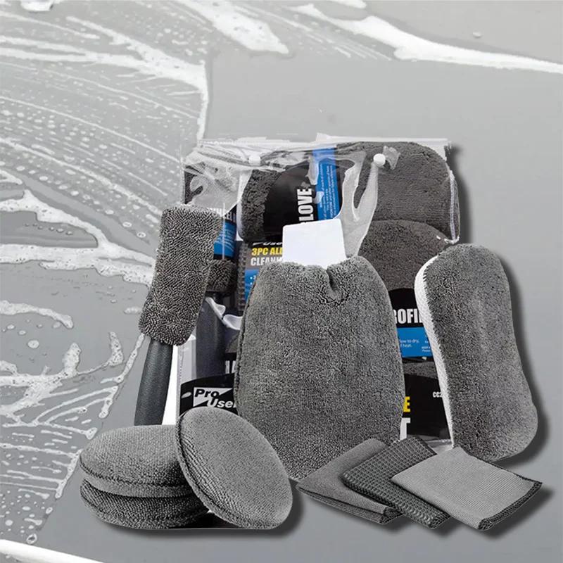 9pcs/set of Car Wash Care Cleaning Tools Automatic Cleaning Gloves Microfiber Towel Hand Washing Cover Wheel Brush Pad