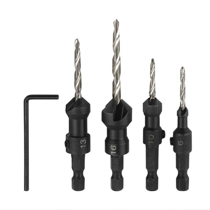 4pcs HSS 4241 Carpentry Countersink Drill Bit Set Quick Change Hex Shank Screw #6 #10 #13 #16+1pc Wrench