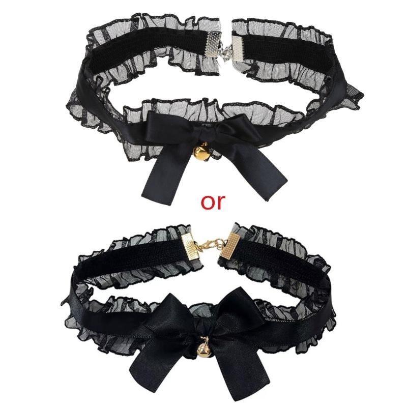 Прекрасное кружевное колье-чокер с бантом, элегантное винтажное, мягкое, ленточное, с колокольчиками, женское украшение, подарок для косплея чёрный