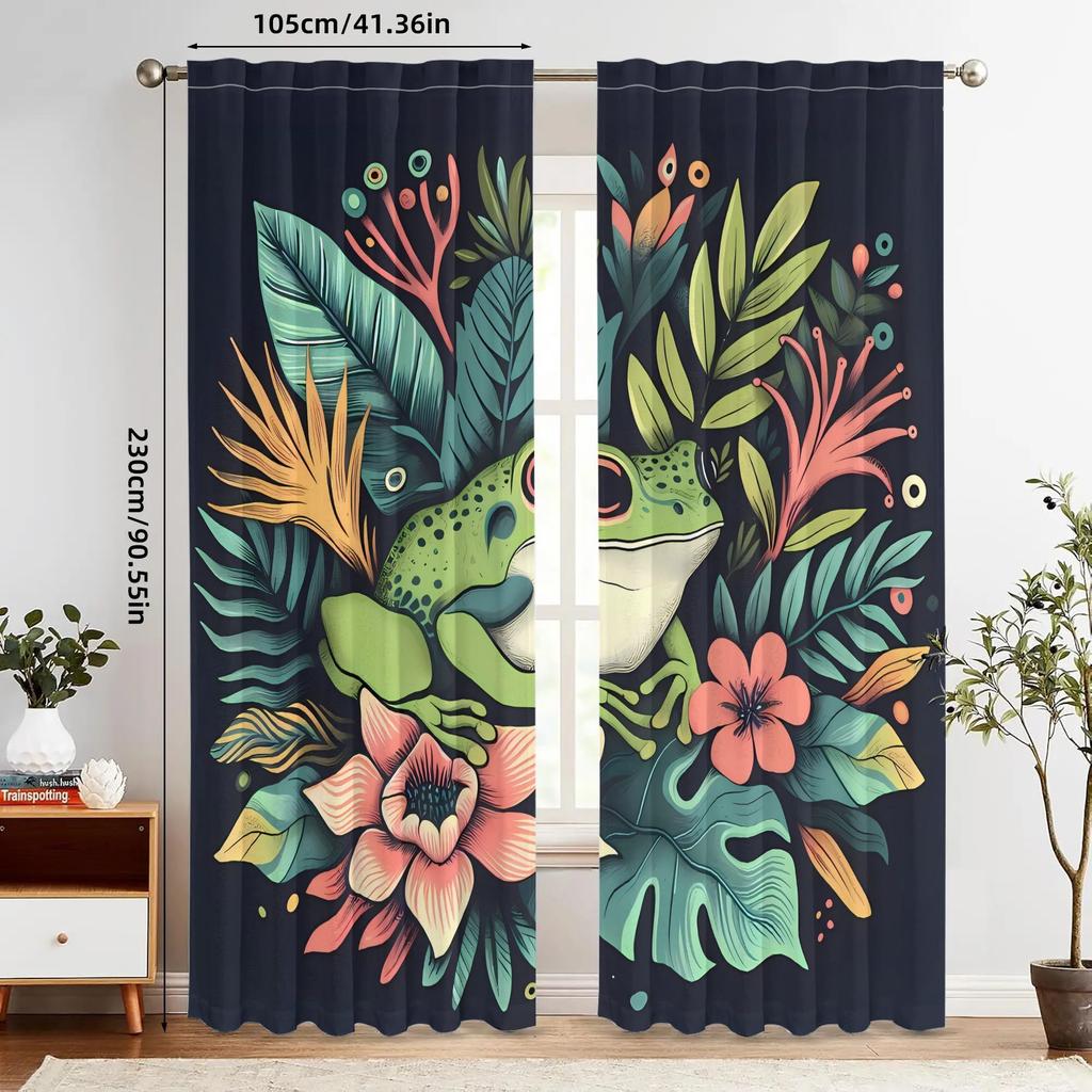 2pcs Tropical Frog & Floral Blackout Curtains - Vibrant Green Frog Design with Colorful Leaves & Flowers, Dark Blue Backgroun