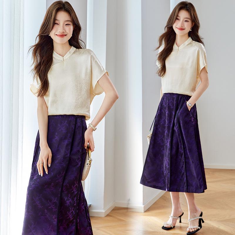 

Модный женский летний комплект в китайском стиле Гофэн 2025 года: юбка Мамянь и топ - SP6060 M (90-110 jin) бежевый/фиолетовый