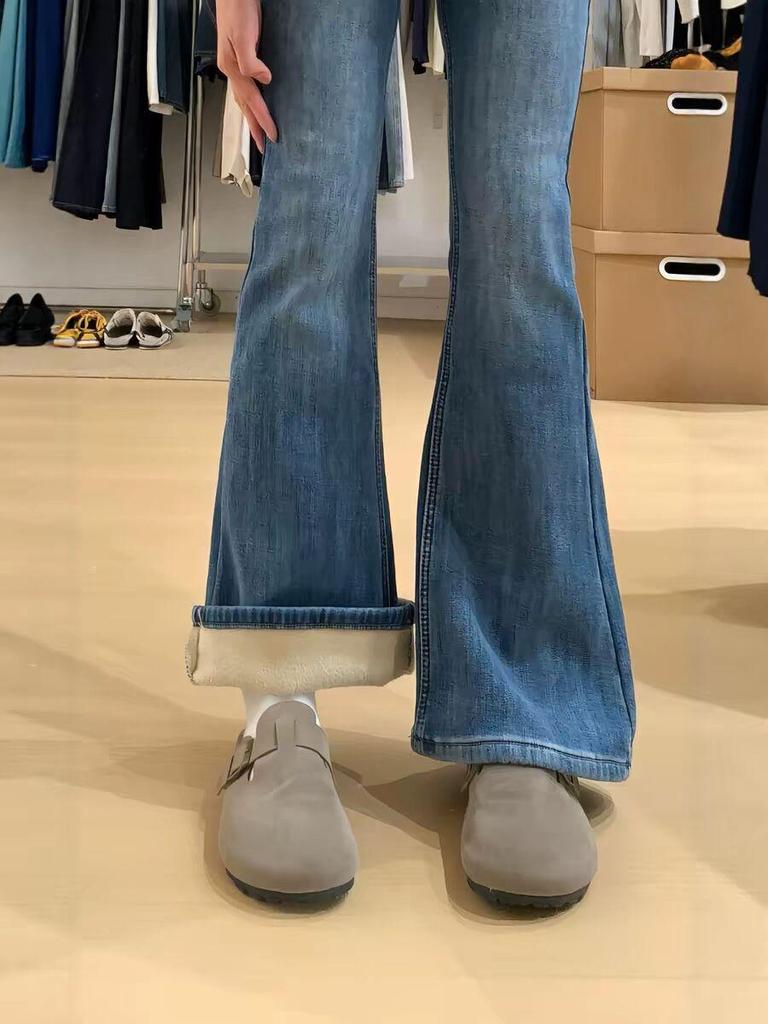 Women's High-Waist Blue Micro-Flare Elastic Jeans - Plus Velvet, Thickened, Large Size, Slim Fit, Winter Style.