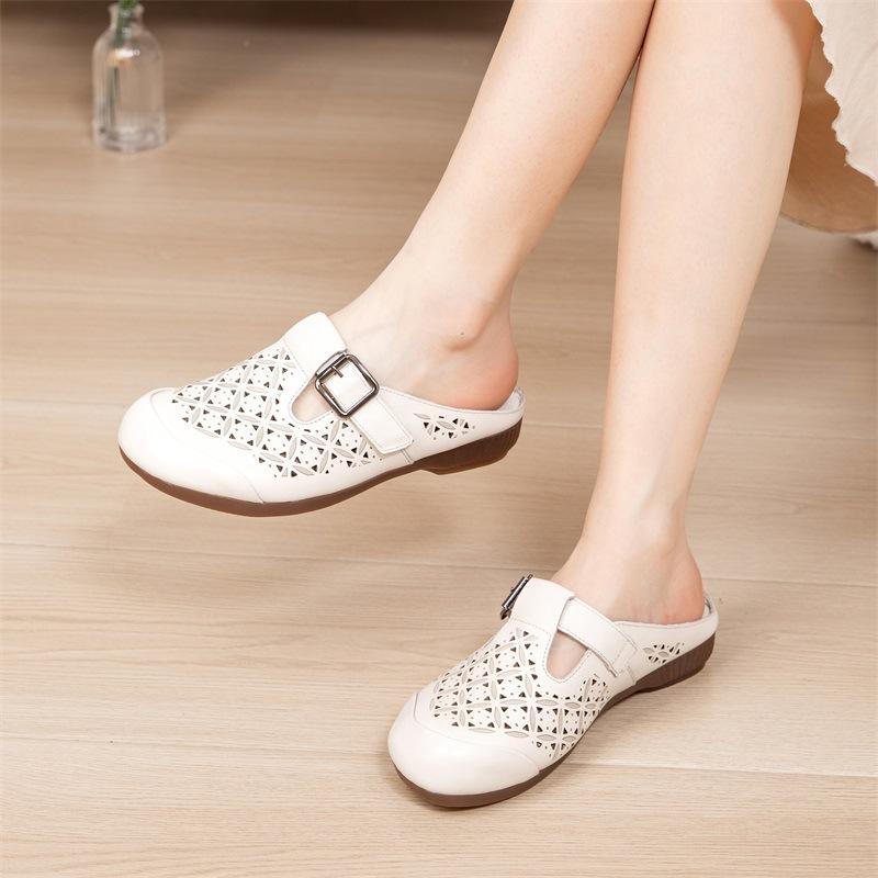 Fashion GKTINOO Summer Women's Slippers Genuine Leather Mom Shoes Hollow Flat Heel Slippers For Women Retro Sandals Female Shoes