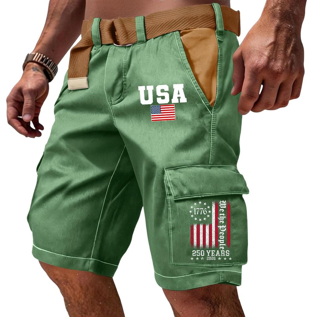 Men's Casual Multi Pocket Cargo Shorts with Flag and Lettering Print Adjustable Waistband Outdoor Workwear Shorts