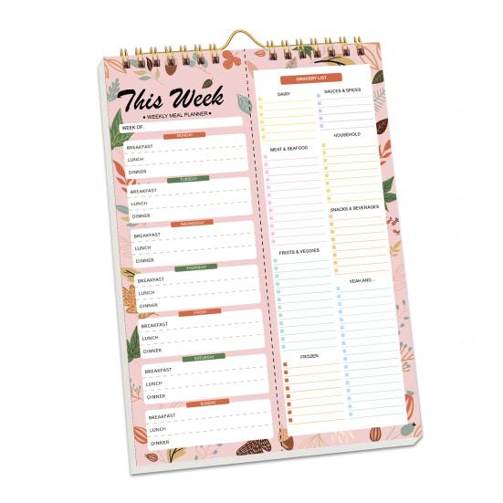 52týdenní odtrhávací jídelní plánovač, spirálová vazba, odnímatelný nákupní seznam, nedatovaný blok pro plánování menu do kuchyně