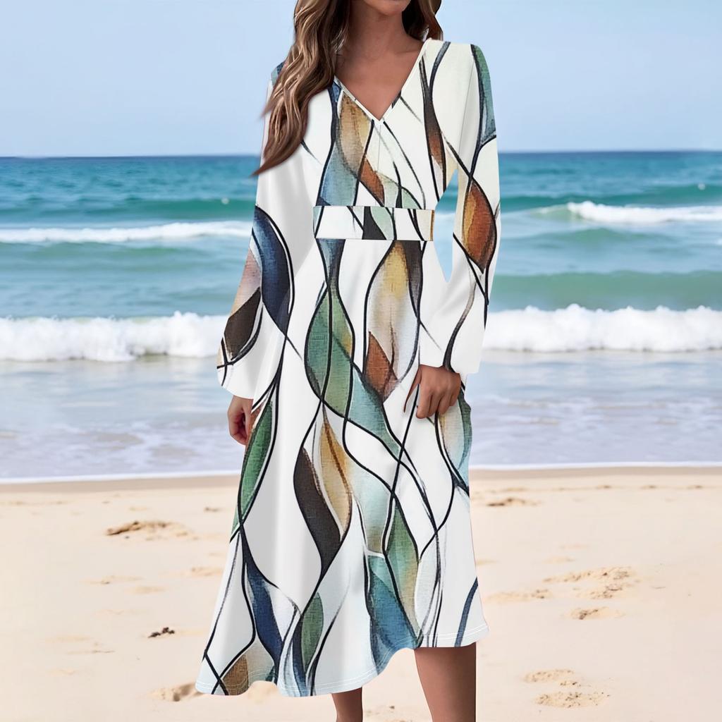 Women's Casual Fashion Floral Print V-neck Long Sleeve Waist Long Dress