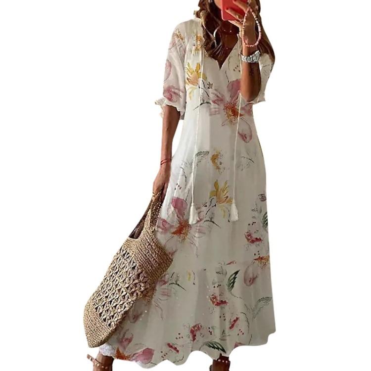 Damen Böhmisches Sommer Strand Swing Maxi Kleid V-Ausschnitt Lang Locker Sonnenkleid Reise