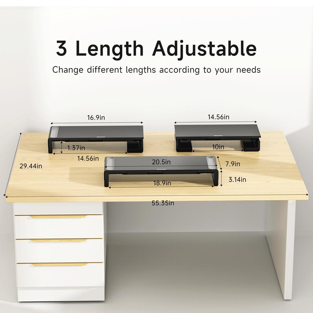 Olmaster Folding Desktop Monitor Stand with 3-Tier Adjustable Width, Includes Smartphone & Tablet Holder, Keyboard Storage, Drawer, 8cm Height