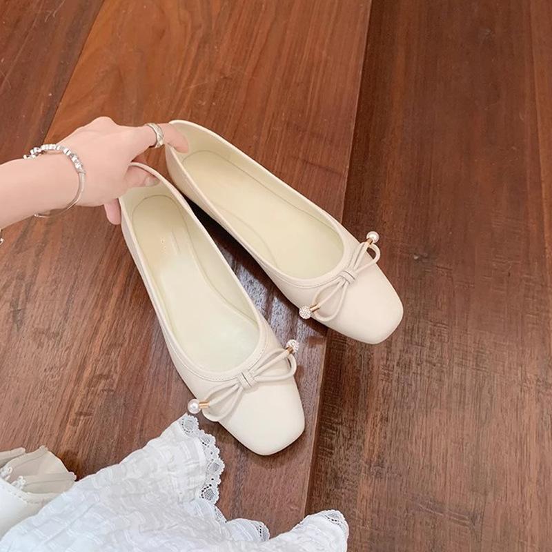 Grape Mom Frida Girl~ Square Head Bow Light Mouth Delicate Pearl Ballet Flat Shoes Lambskin Single Shoes