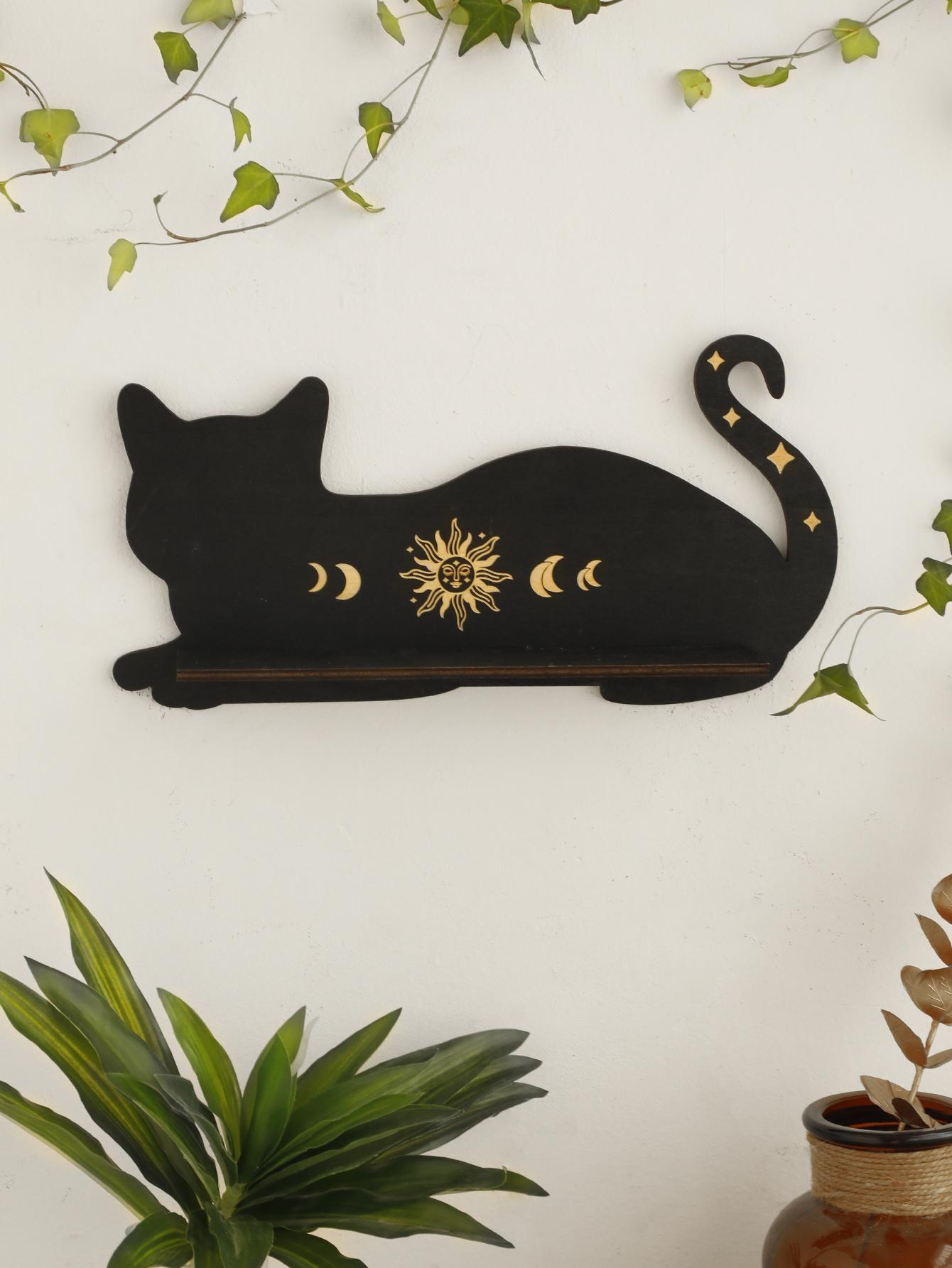 

Black Cat Wooden Shelf Moon Phase Chakra Crystal Stone Display Stand Wall Shelf Witch Home Decor Gothic Room Decor Home Bedroom