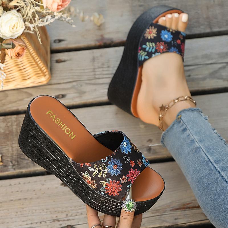 

Сандалии на толстой платформе с принтом для женщин 2025 года, летние тапочки на толстой танкетке, удобные женские шлепанцы для отдыха на открытом воздухе, пляжные шлепанцы 43 чёрный