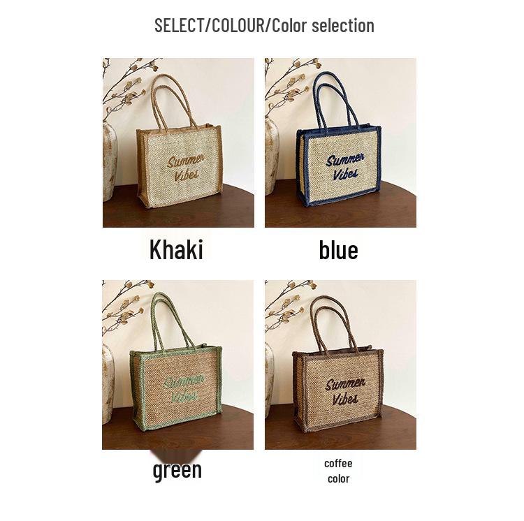 Women's Large Capacity South Wind Chic Straw Woven Tote Bag with Embroidered Letters