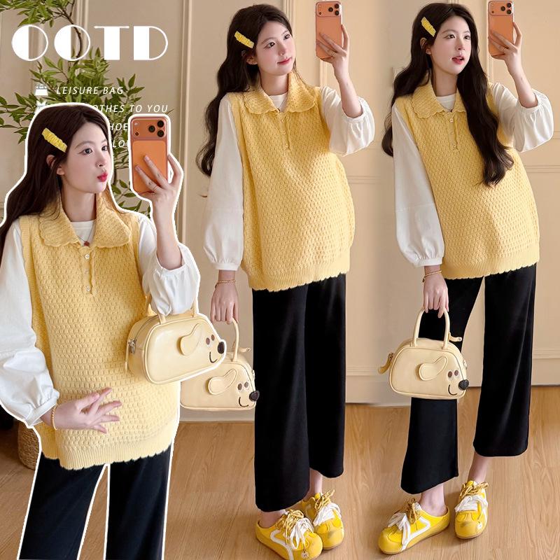 2026 Spring Maternity Two-Piece Set: Long Sleeve Casual Knit Top + Polo Collar Vest M