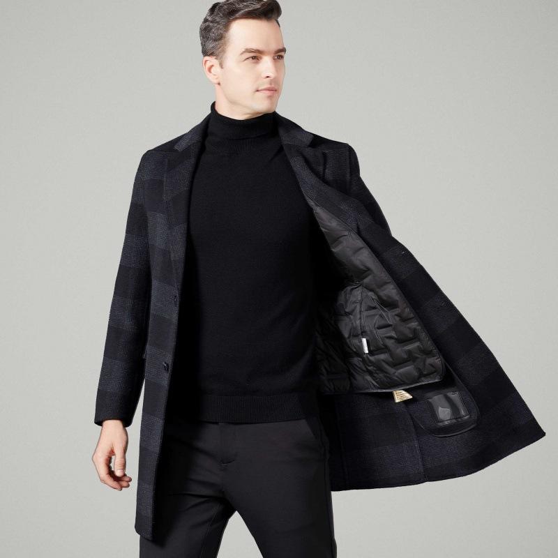 Doppelseitiger Kaschmir-Karomantel Herren mittellang Winter Woll-Daunenfutter Jacke Anzugkragen Business Wollmantel
