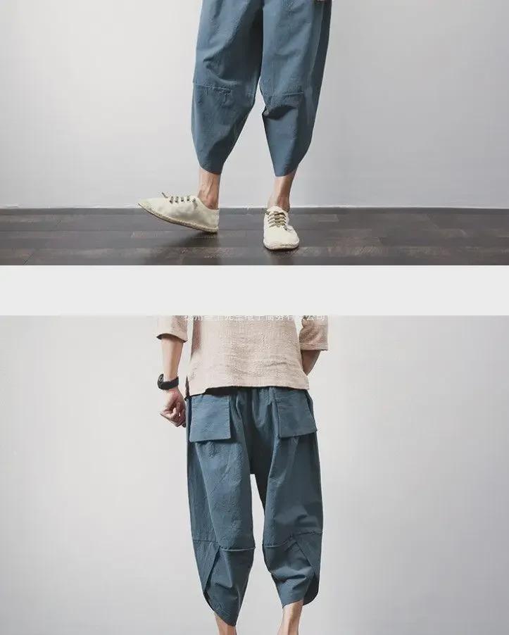 Men's Loose Fit 7-Point Linen Beach Pants - Thai Wide Leg, Casual Chinese Style Harem Pants Trends
