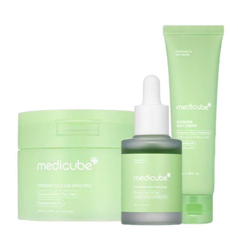medicube Exosome Cica Calming Skincare Set (Toner Pad 100 Pads + Ampoule 30ml + Cream 50ml)