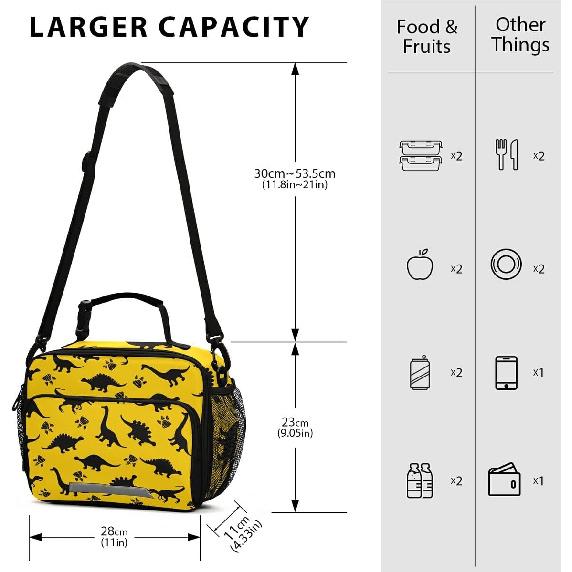 Dinosaur Animal Print Yellow Lunch Box Boys, Lunch Bag for Kids School Insulated Tote Bag Cooler Tote with Adjustable Shoulder Strap for Girls