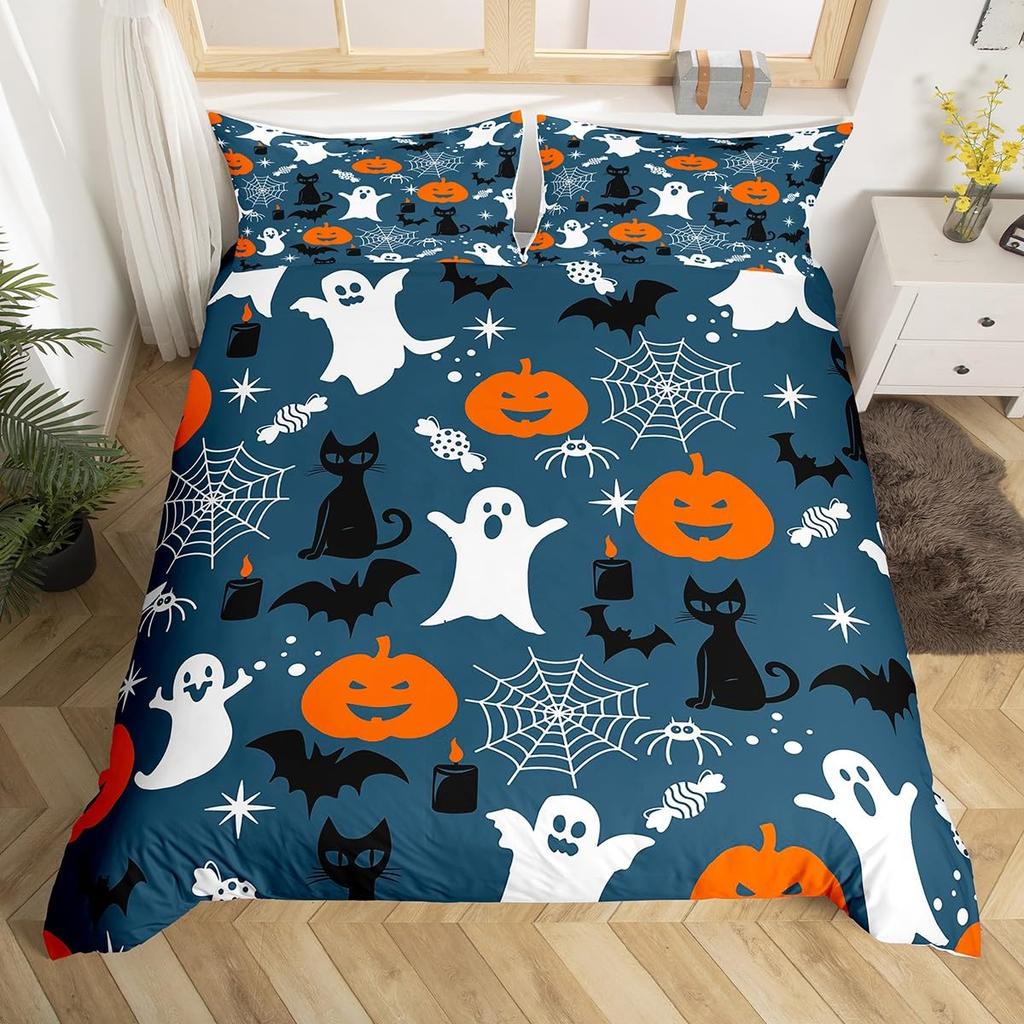 Halloween Bettbezug Zuckerschädel Kopf Bettwäsche Set Queen/Full Größe, Gruselig Erschreckende Fledermäuse Skelett Bettdeckenbezug für Teenager Jugendliche