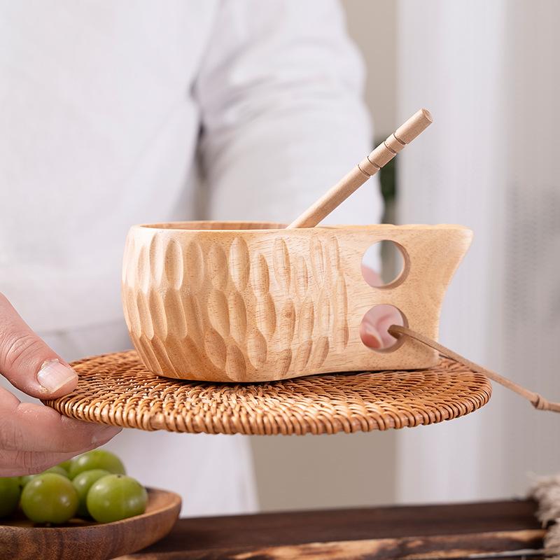 DIY Walnut Wooden Milk Cup Acacia Wood Salad Cup Solid Wood, Creative Mug with Handle Coffee Mug