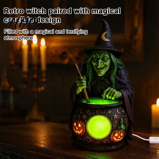 Luce LED Calderone Strega Statua Halloween con Calderone Luminoso Alimentato da USB Resina Nero Decorazione Atmosfera Festa Pentola Statuetta Verde/Viola per
