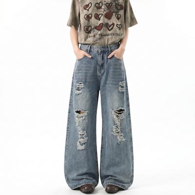 Vintage American Washed Distressed Ripped Jeans Men Loose Straight Wide Leg Pants High Street Trendy Brand Casual Trousers