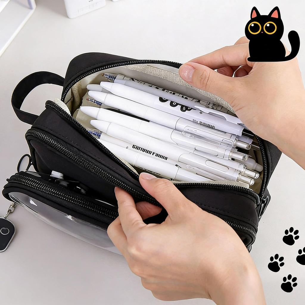 Cute Pencil Pouch Black Cat 10-Layer Detachable Organizer Animal Pencil Case Stationery Supplies for Marker School Supplies Kids