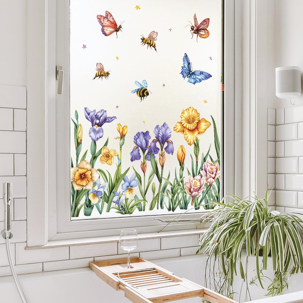 Fresh Hand-Painted Flower Butterfly Static Cling UV Window Sticker for Glass Window Home Decoration