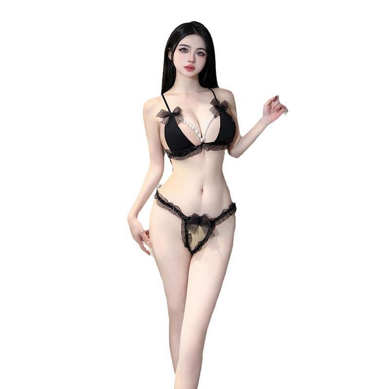 Sexy erotic underwear three-point small chest shows big pearl thong hot passion free erotic suit