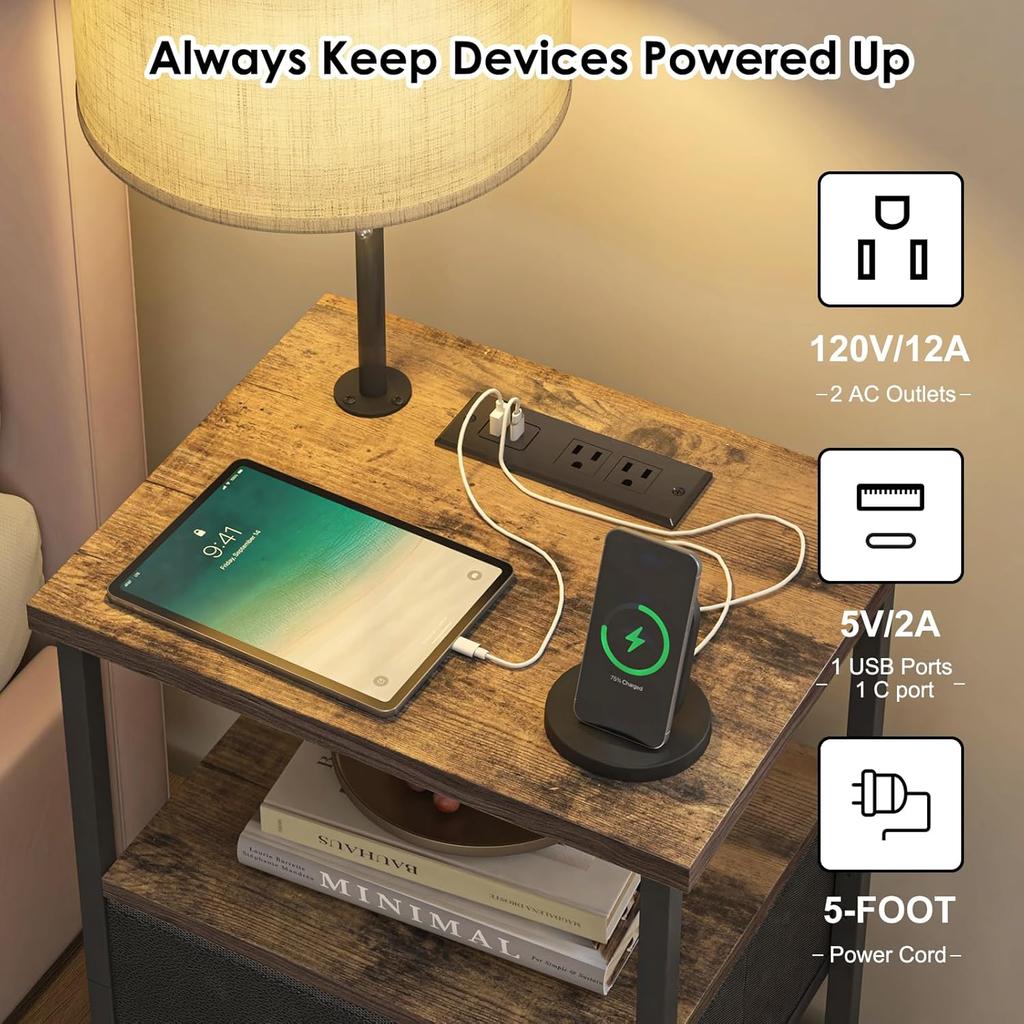 Tall Nightstand with LED Lights, 3 Color Temperatures, Charging Station, Adjustable Fabric Drawer – Bedroom End Table