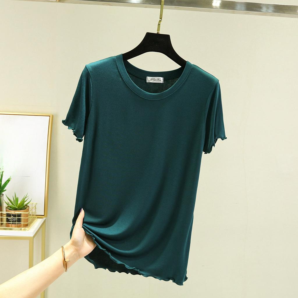 Ice Silk Round Neck Short-sleeved T-shirt, Thin Flying Edge, Sweet and Simple Bottoming Shirt, Slim Slimming Women's Top